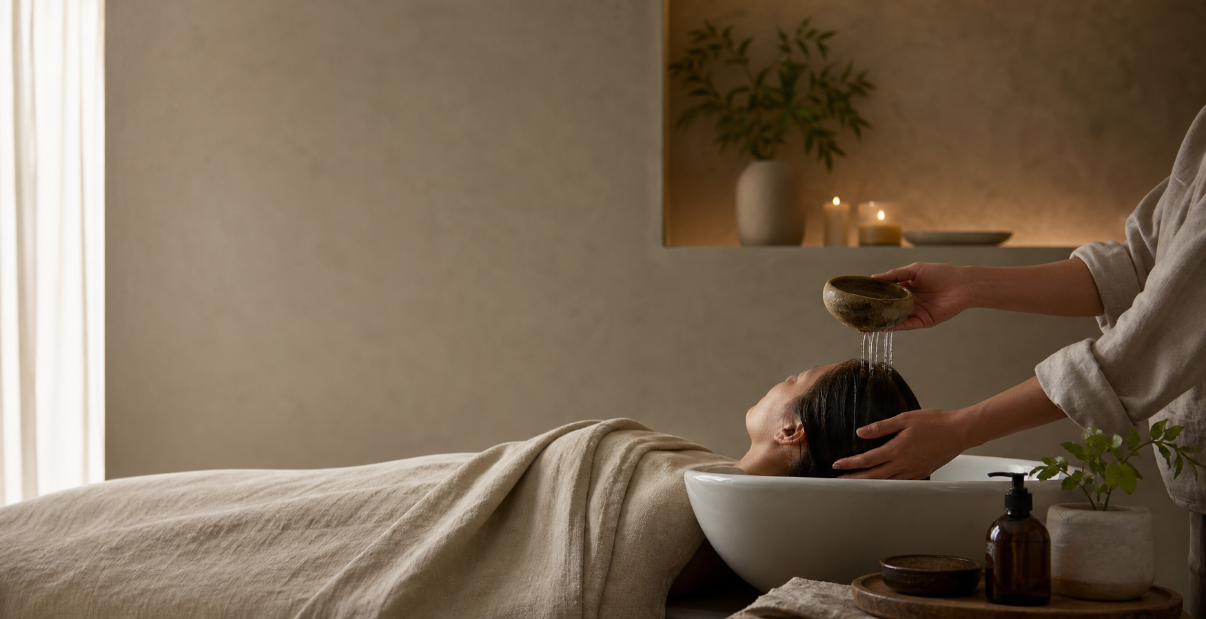 A serene head spa treatment room with a ceramic basin, folded linens, and soft natural light